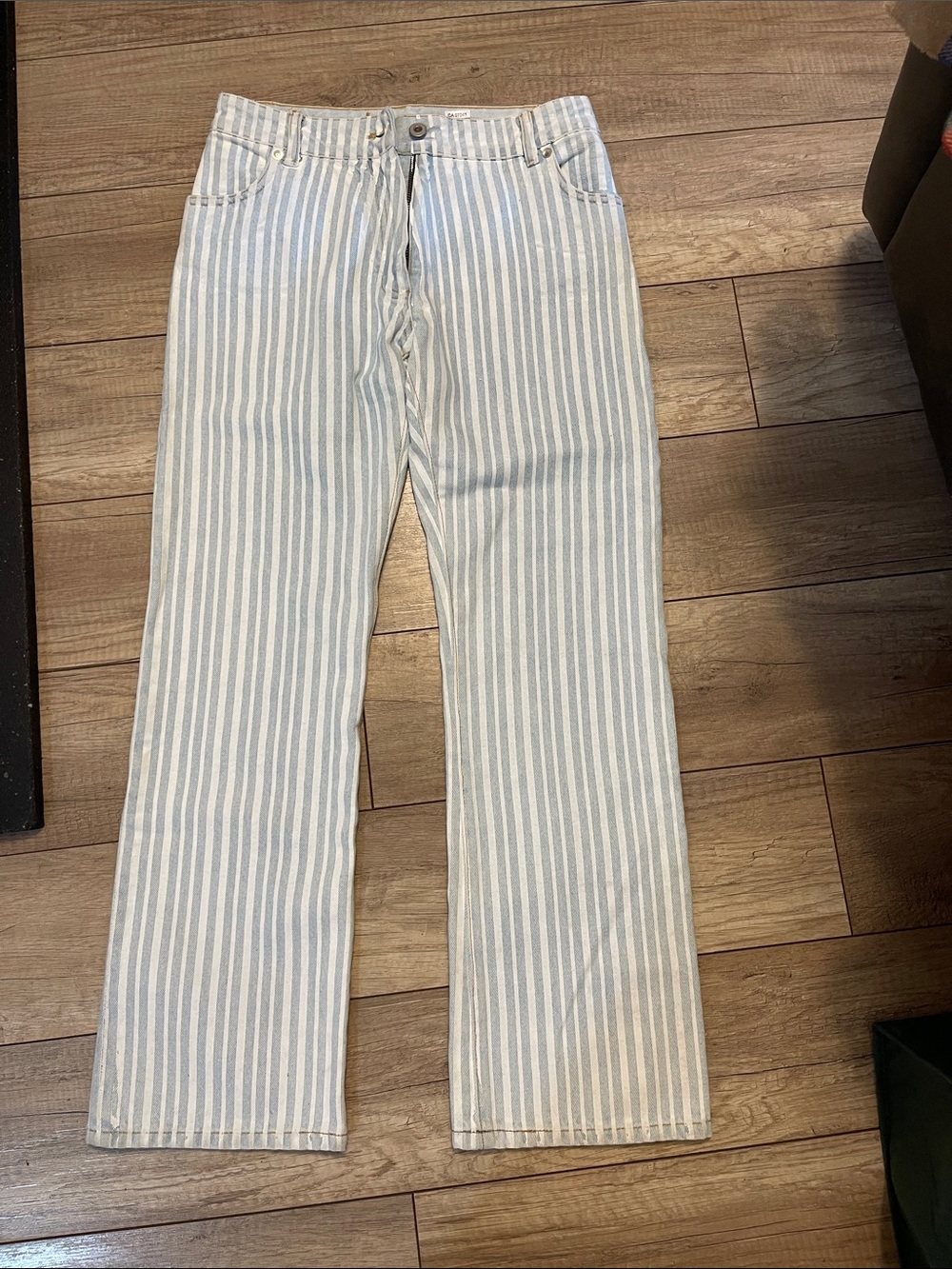 Off-White Striped Jeans in Light Blue & White with Leather Denim Label